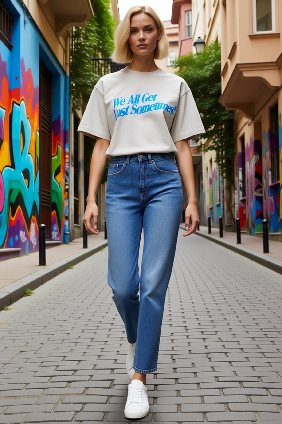 Kadın Oversize Bisiklet Yaka Slogan Yazılı Önden Baskılı Kısa Kollu Modern Rahat Kalıp Günlük Tişört