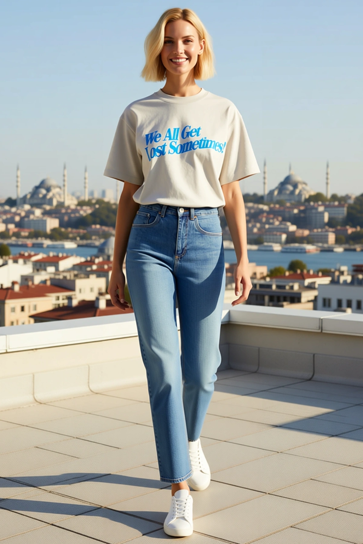 Kadın Oversize Bisiklet Yaka Slogan Yazılı Önden Baskılı Kısa Kollu Modern Rahat Kalıp Günlük Tişört