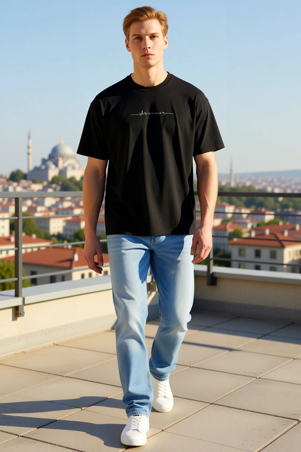 Erkek Oversize Bisiklet Yaka El Yazısı Dreamer Baskılı Düşük Omuz Geniş Kesim Kısa Kollu Tişört