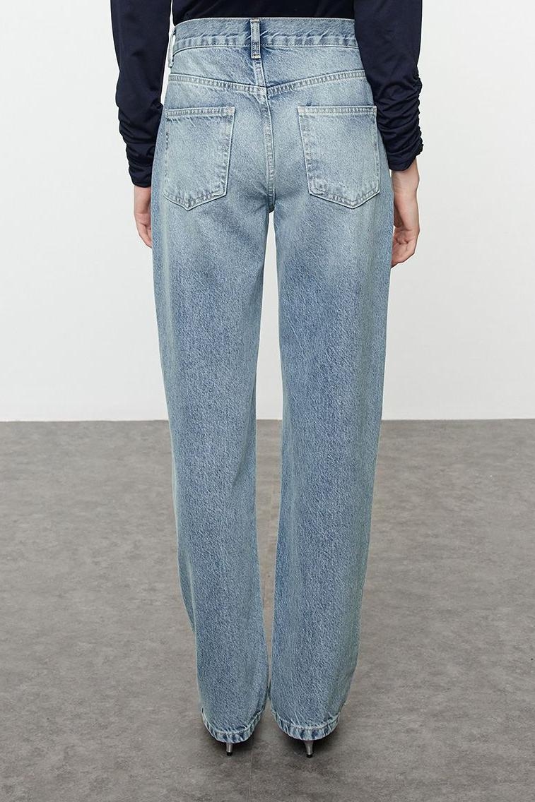 Stil Kadın Moda Denim Kot Pantolon Uzun Boru Paça Normal Bel Straight Jeans