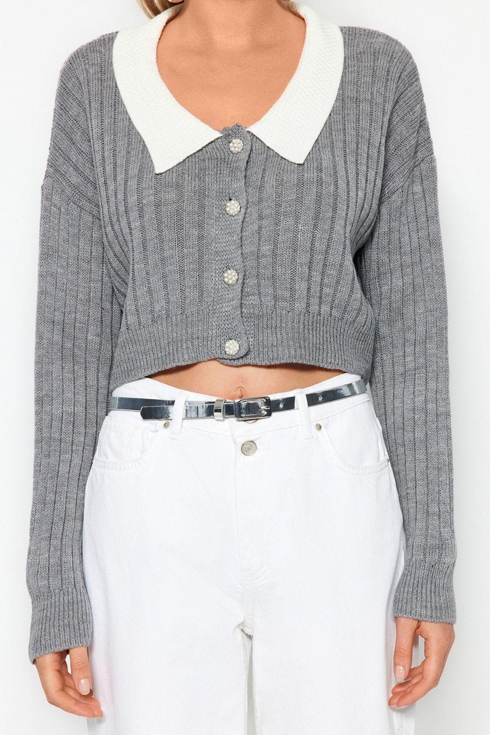 Kadın Modern Tarz Regular Bebe Yaka Crop Triko Hırka