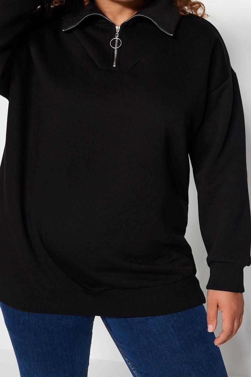 Büyük Beden Oversize Fermuarlı Yaka Düşük Kol Uzun Kalın İçi Polarlı Fermuarlı Örme Sweatshirt