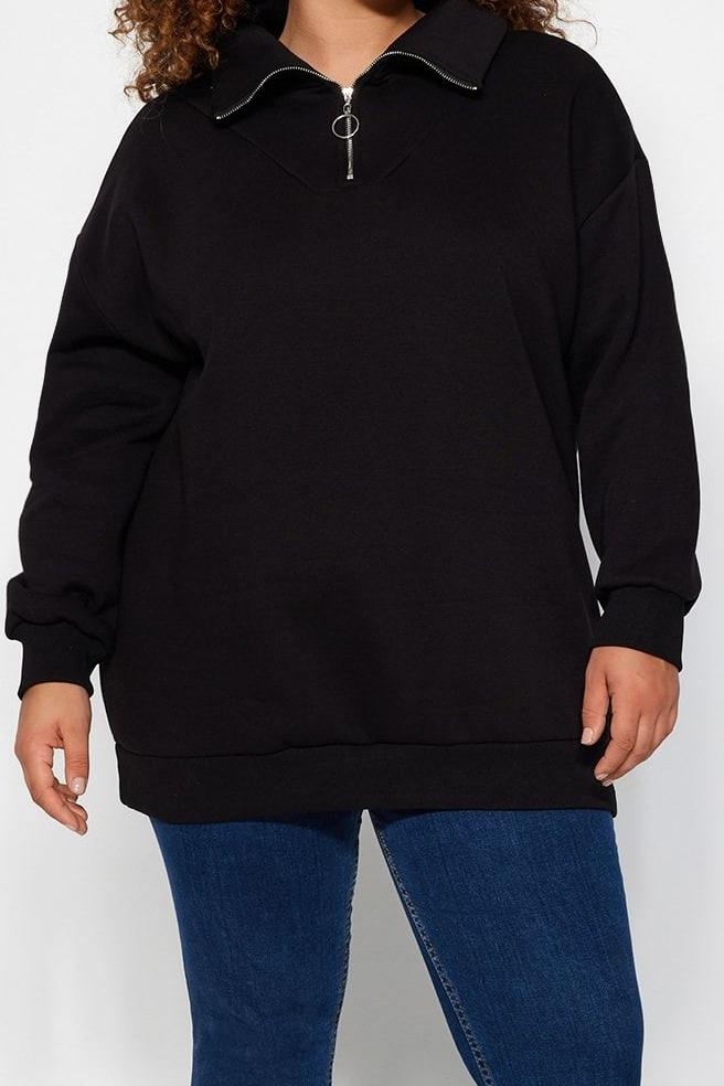 Büyük Beden Oversize Fermuarlı Yaka Düşük Kol Uzun Kalın İçi Polarlı Fermuarlı Örme Sweatshirt