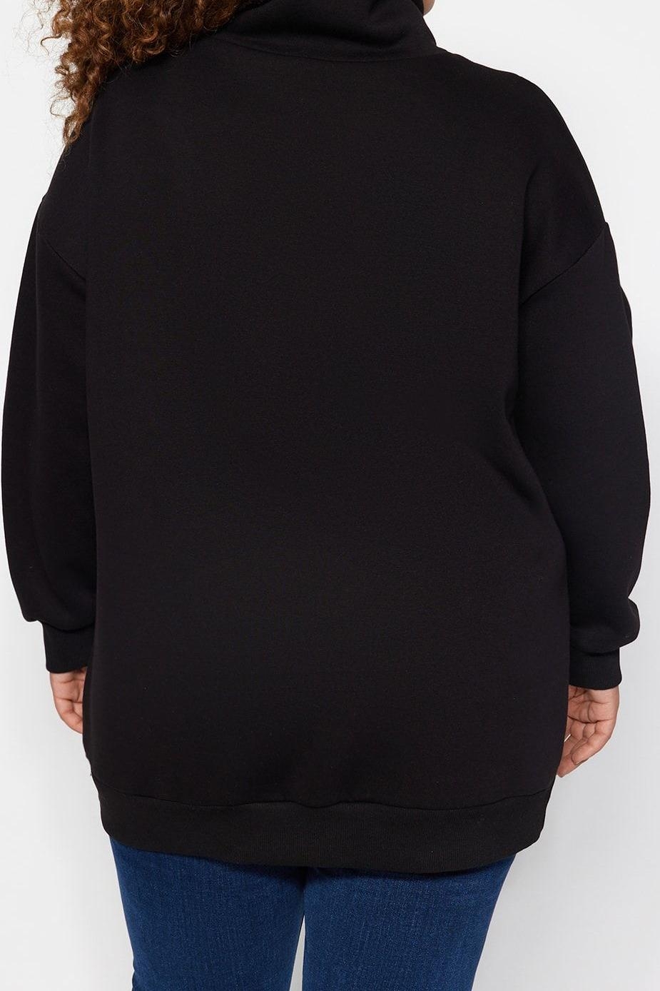 Büyük Beden Oversize Fermuarlı Yaka Düşük Kol Uzun Kalın İçi Polarlı Fermuarlı Örme Sweatshirt