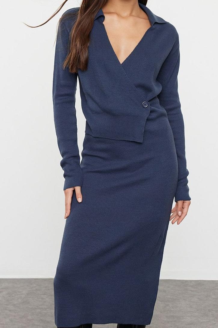 Moda Stil Regular Kruvaze Midi Boy Triko Düz Elbise