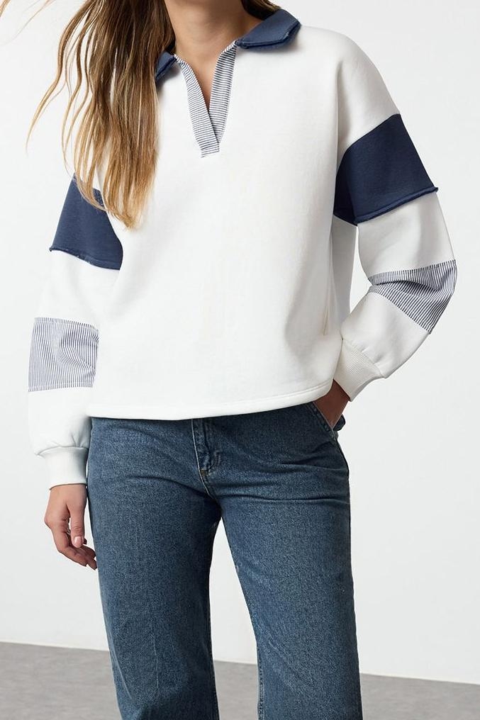 Tarz Bol Polo Yaka Düşük Kol Uzun Dokuma Garnili Geniş Kalıp Örme Sweatshirt