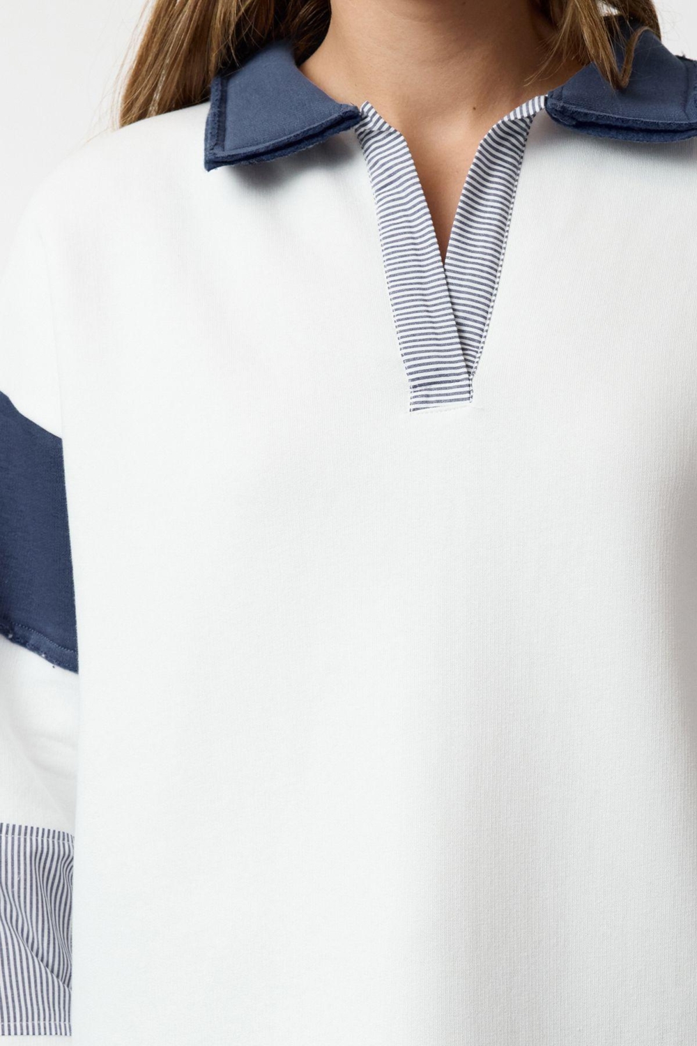 Tarz Bol Polo Yaka Düşük Kol Uzun Dokuma Garnili Geniş Kalıp Örme Sweatshirt