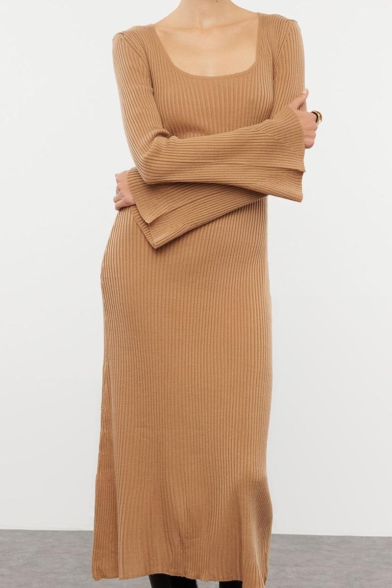 Moda Stil Slim Kare Yaka Midi Boy Triko Basic Kol Ucu Detaylı Elbise