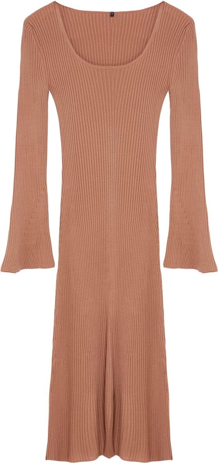 Moda Stil Slim Kare Yaka Midi Boy Triko Basic Kol Ucu Detaylı Elbise
