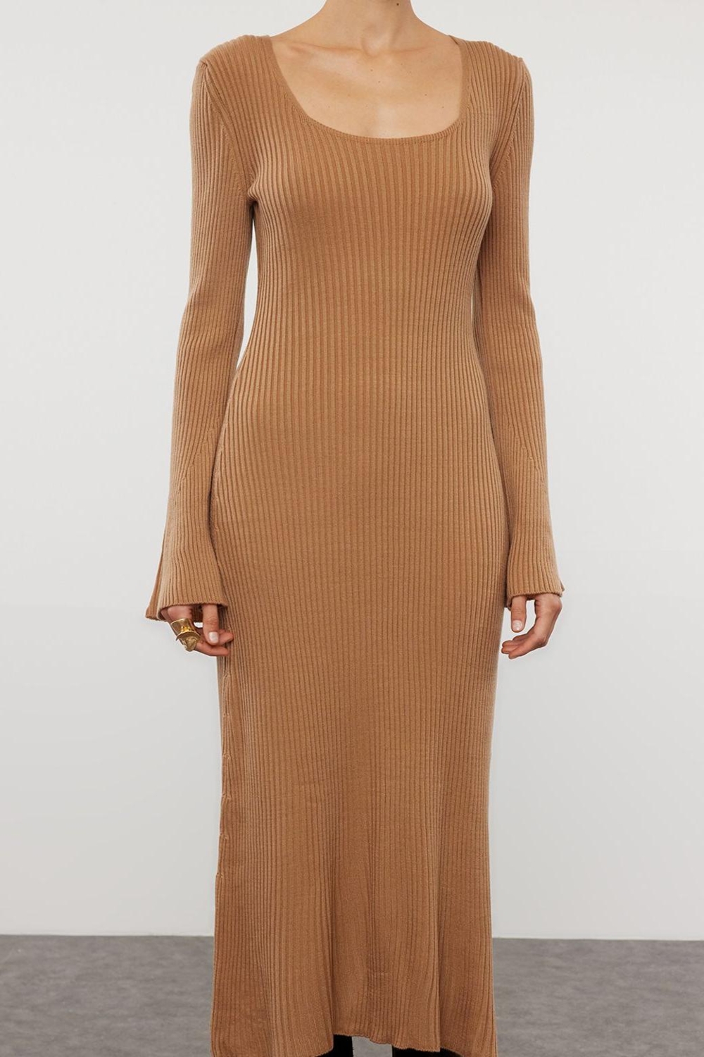 Moda Stil Slim Kare Yaka Midi Boy Triko Basic Kol Ucu Detaylı Elbise