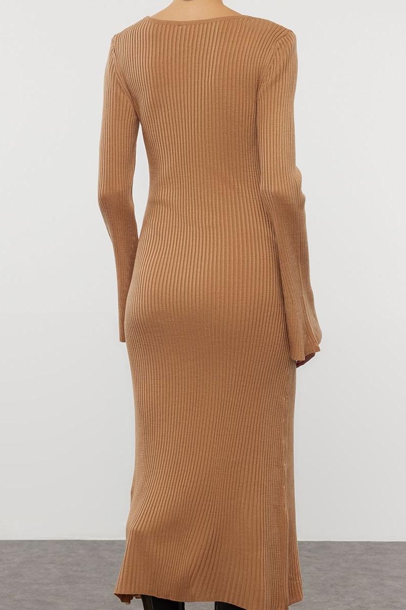 Moda Stil Slim Kare Yaka Midi Boy Triko Basic Kol Ucu Detaylı Elbise