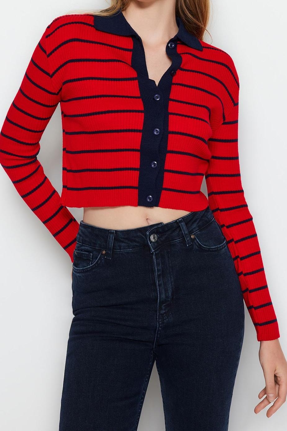 Kadın Modern Tarz Slim Polo Yaka Crop Triko Hırka