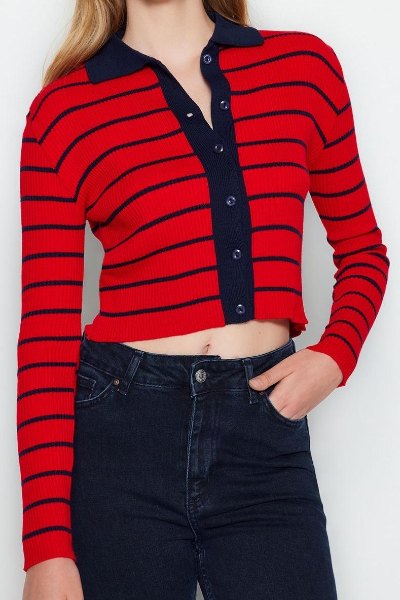 Kadın Modern Tarz Slim Polo Yaka Crop Triko Hırka