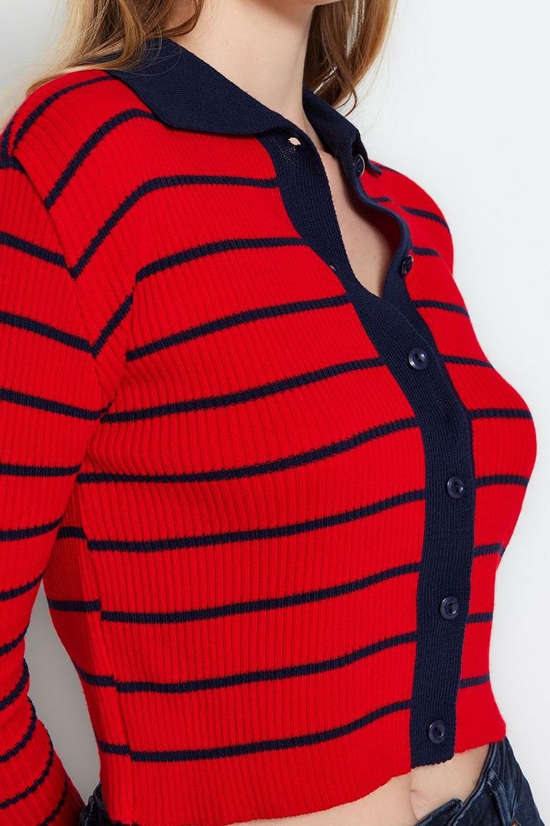 Kadın Modern Tarz Slim Polo Yaka Crop Triko Hırka