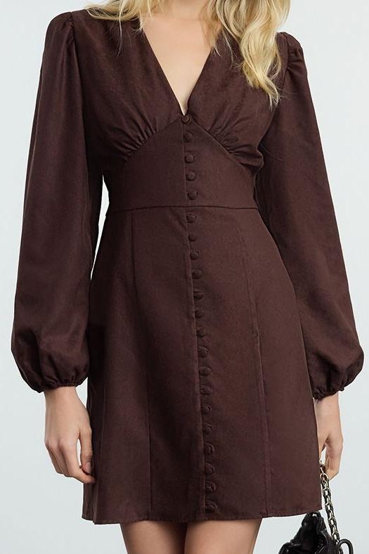 Moda Stil Regular V Yaka Mini Boy Süet Balon Kollu Kışlık Dokuma Elbise