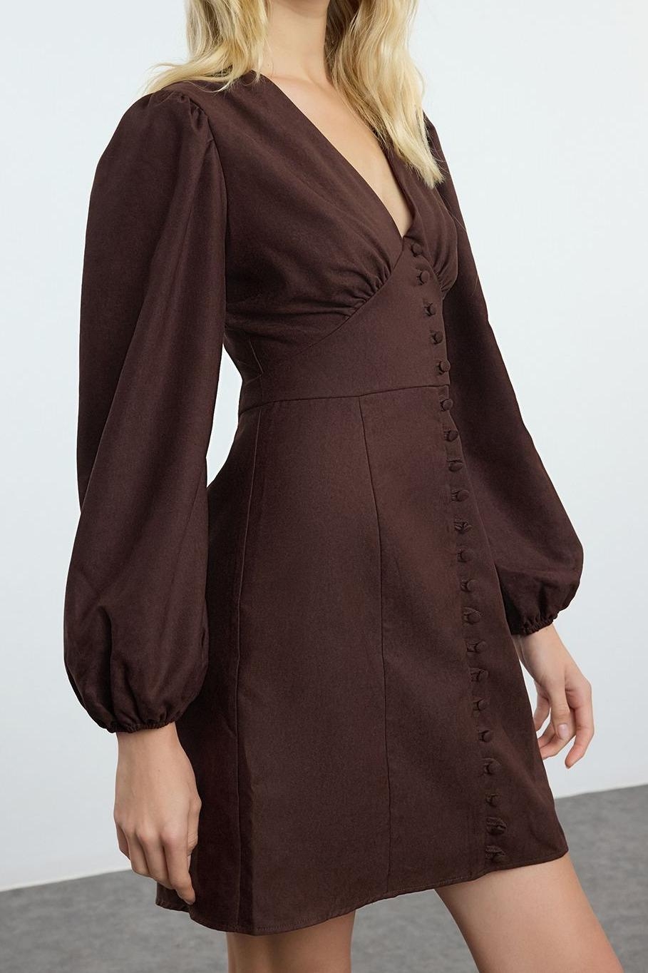 Moda Stil Regular V Yaka Mini Boy Süet Balon Kollu Kışlık Dokuma Elbise