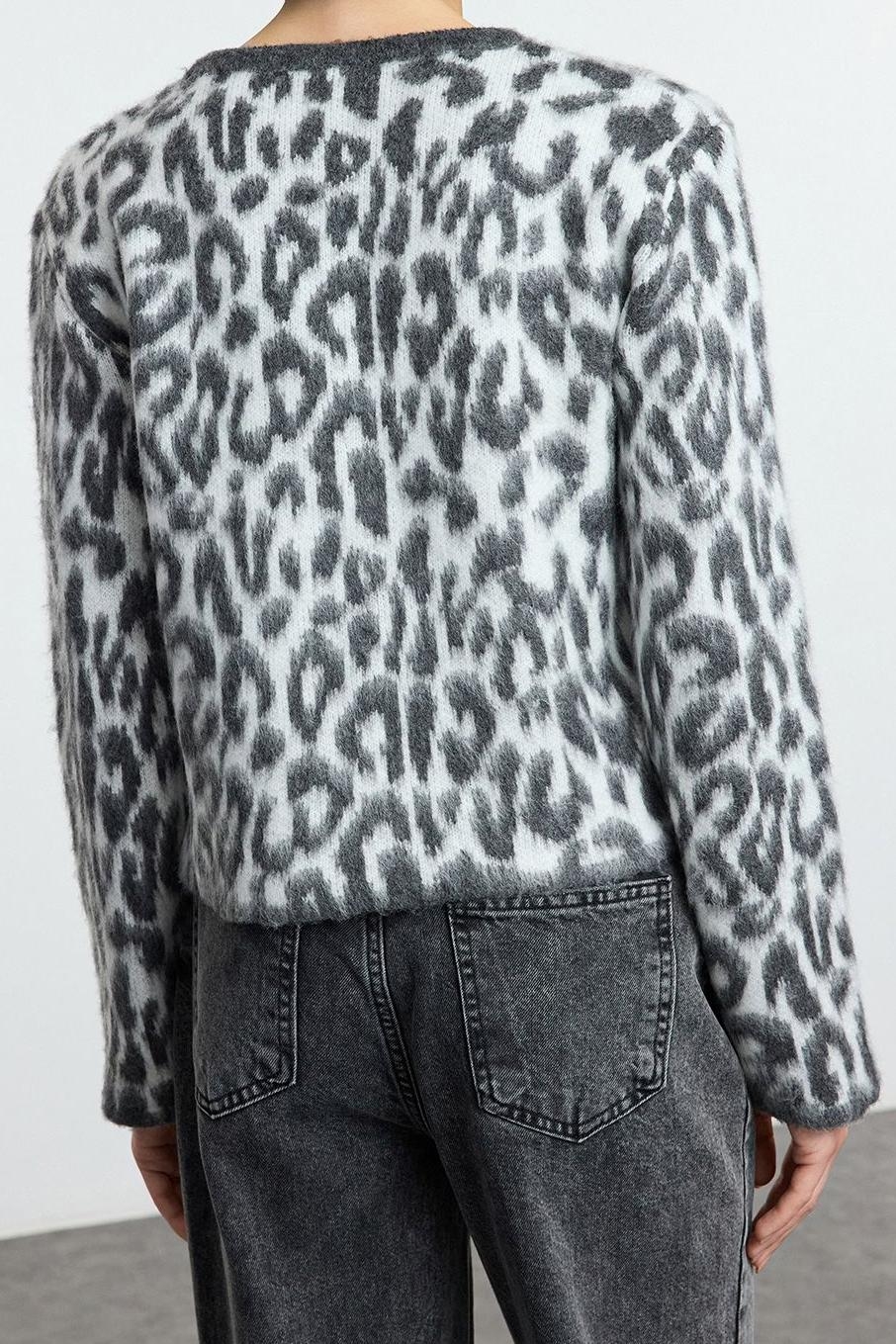 Stil Modern Kadın Regular Standart Kol Bisiklet Yaka Leopar Desenli Triko Hırka