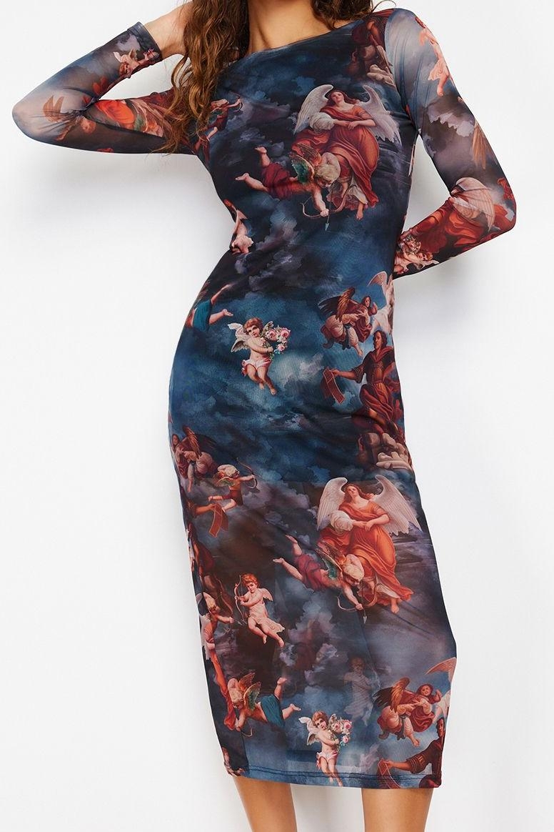 Moda Stil Slim Bisiklet Yaka Midi Boy Baskılı Astarlı Vücuda Oturan Tül Örme Örme Elbise