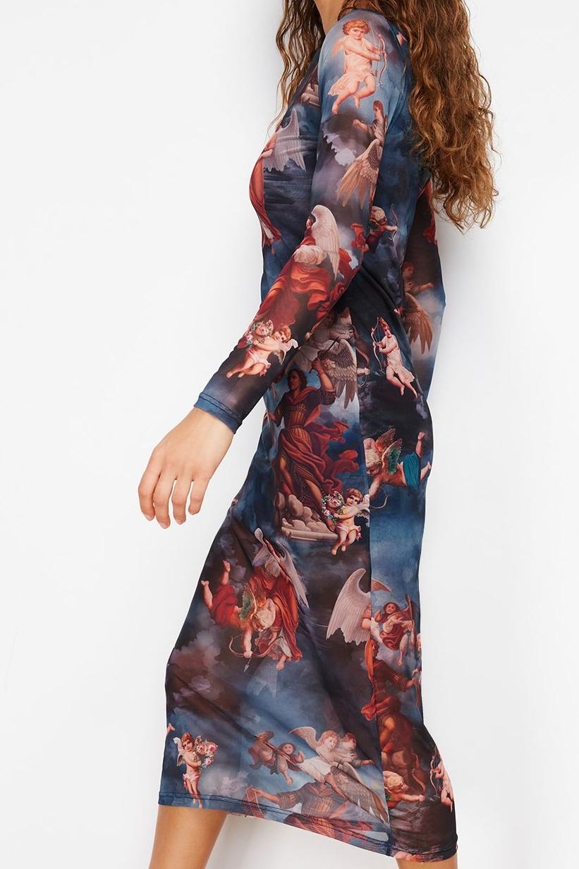 Moda Stil Slim Bisiklet Yaka Midi Boy Baskılı Astarlı Vücuda Oturan Tül Örme Örme Elbise