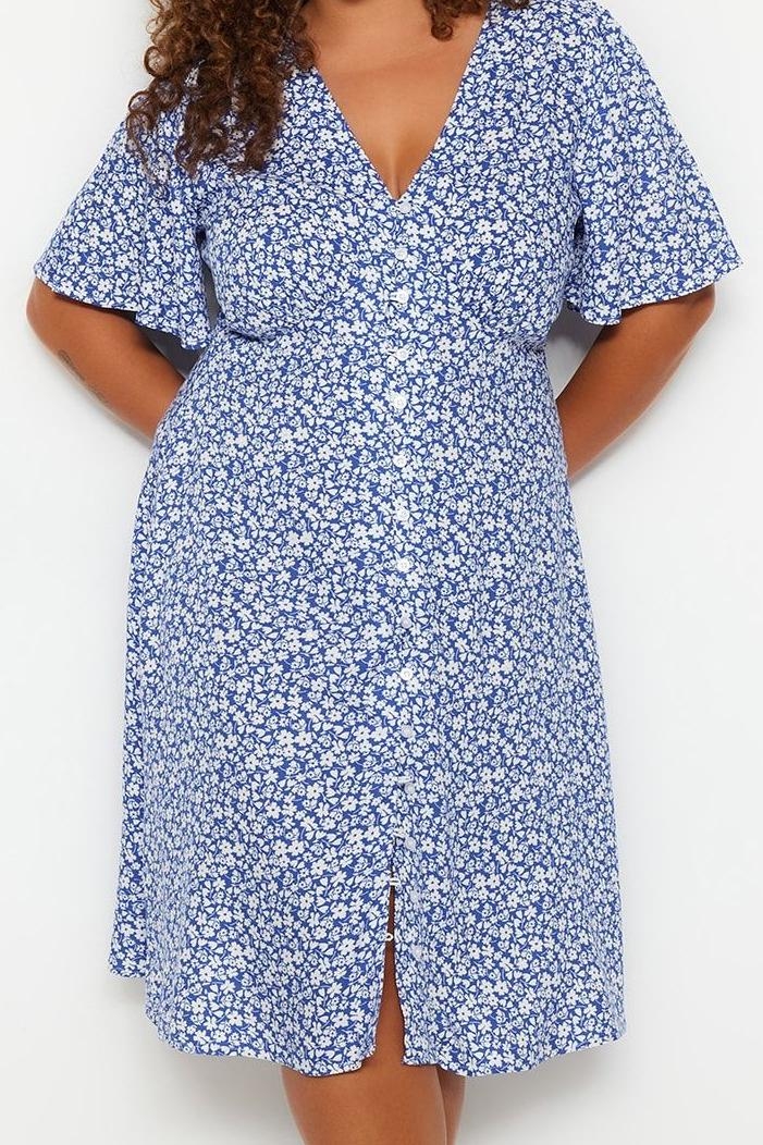 Moda Stil Relaxed V Yaka Midi Boy Büyük Beden Çiçekli Dokuma Elbise