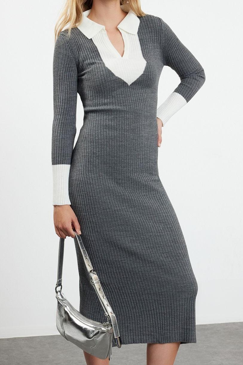 Moda Slim Casual Günlük Fitilli Triko Polo Yaka Uzun Kol Bodycone Midi Boy Elbise