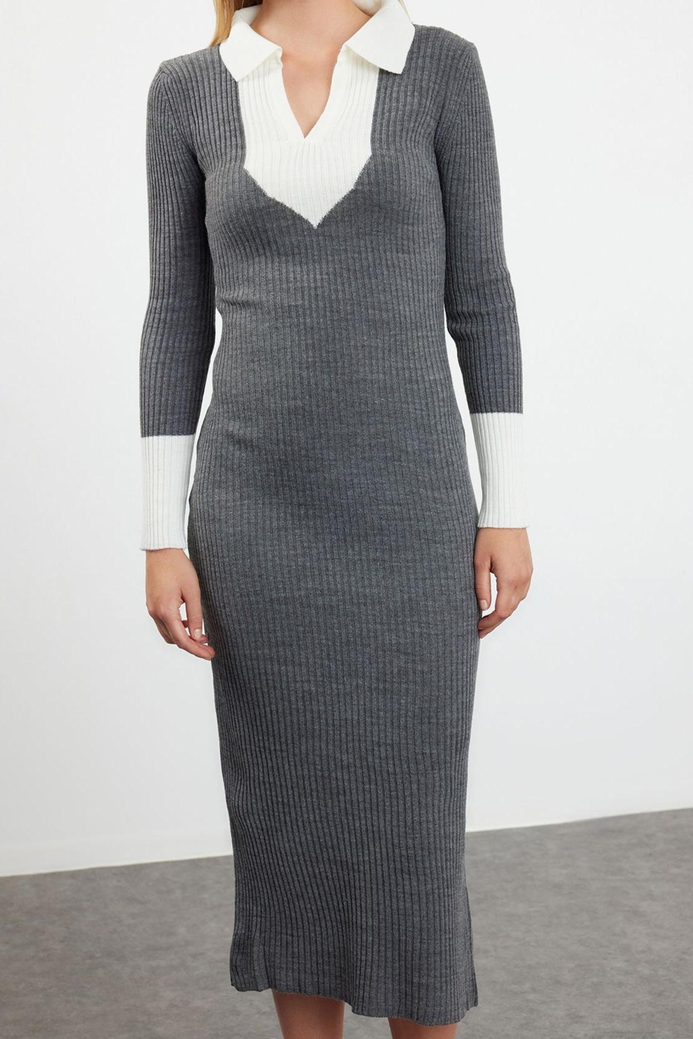 Moda Slim Casual Günlük Fitilli Triko Polo Yaka Uzun Kol Bodycone Midi Boy Elbise