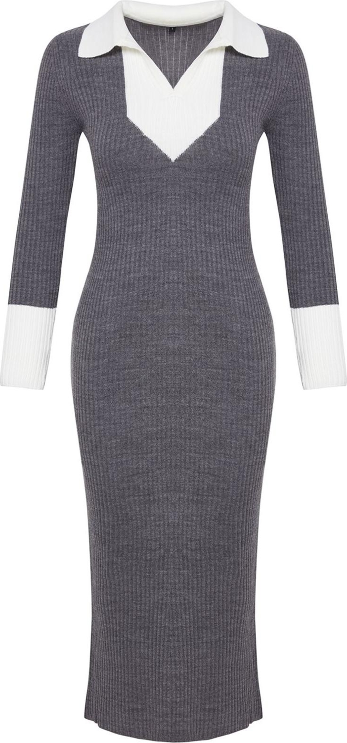 Moda Slim Casual Günlük Fitilli Triko Polo Yaka Uzun Kol Bodycone Midi Boy Elbise