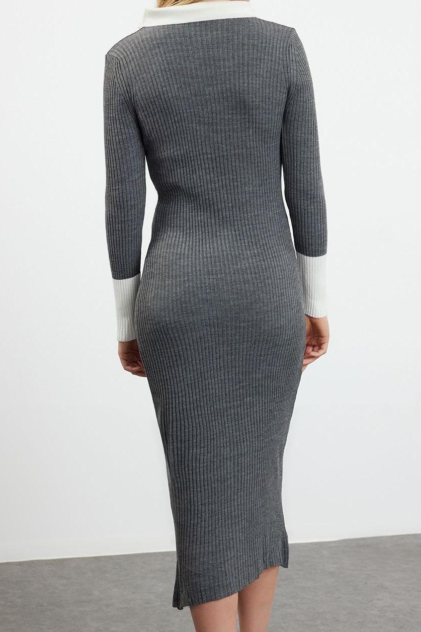 Moda Slim Casual Günlük Fitilli Triko Polo Yaka Uzun Kol Bodycone Midi Boy Elbise