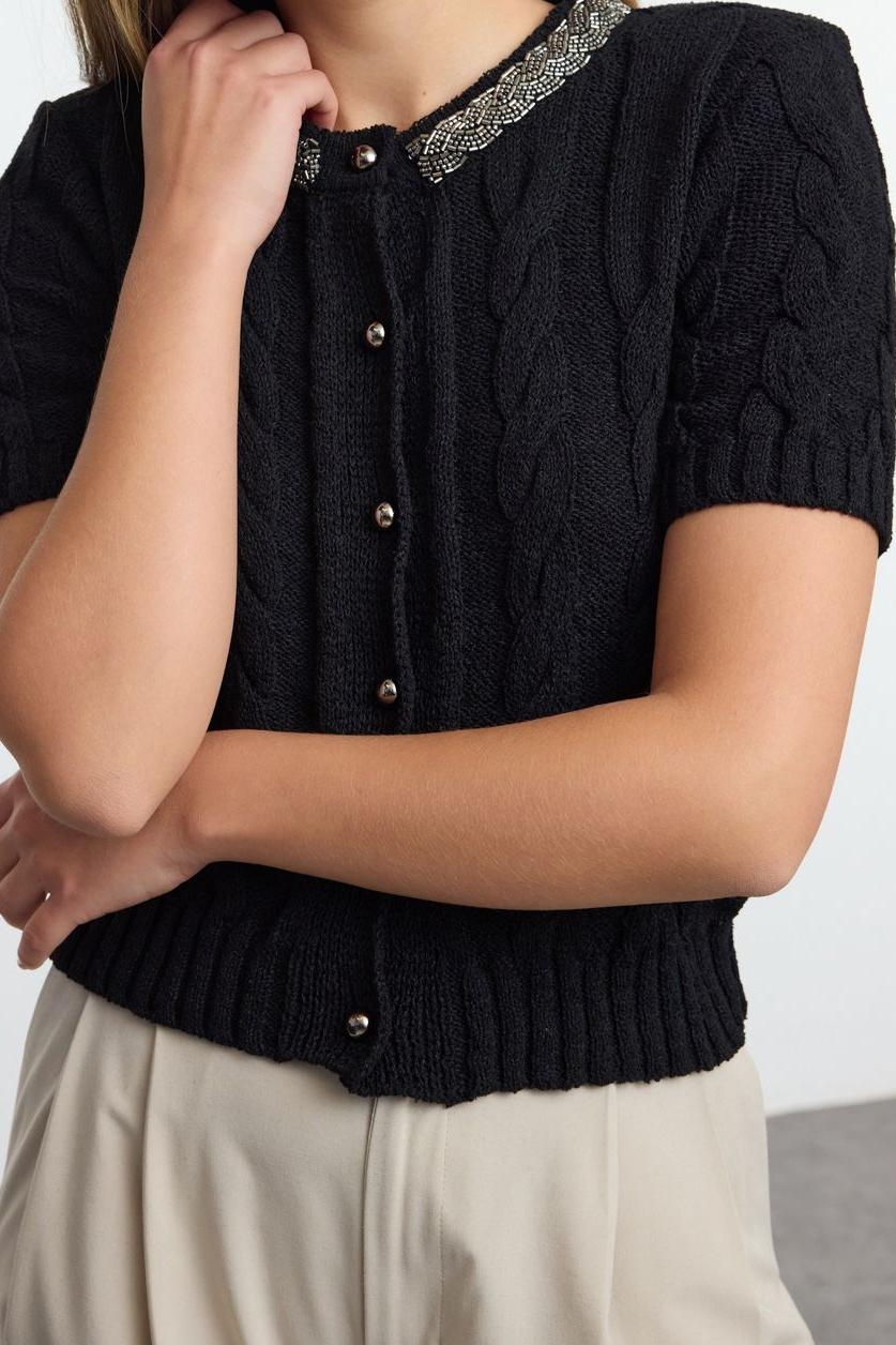 Kadın Modern Tarz Slim Bisiklet Yaka Crop Triko Hırka