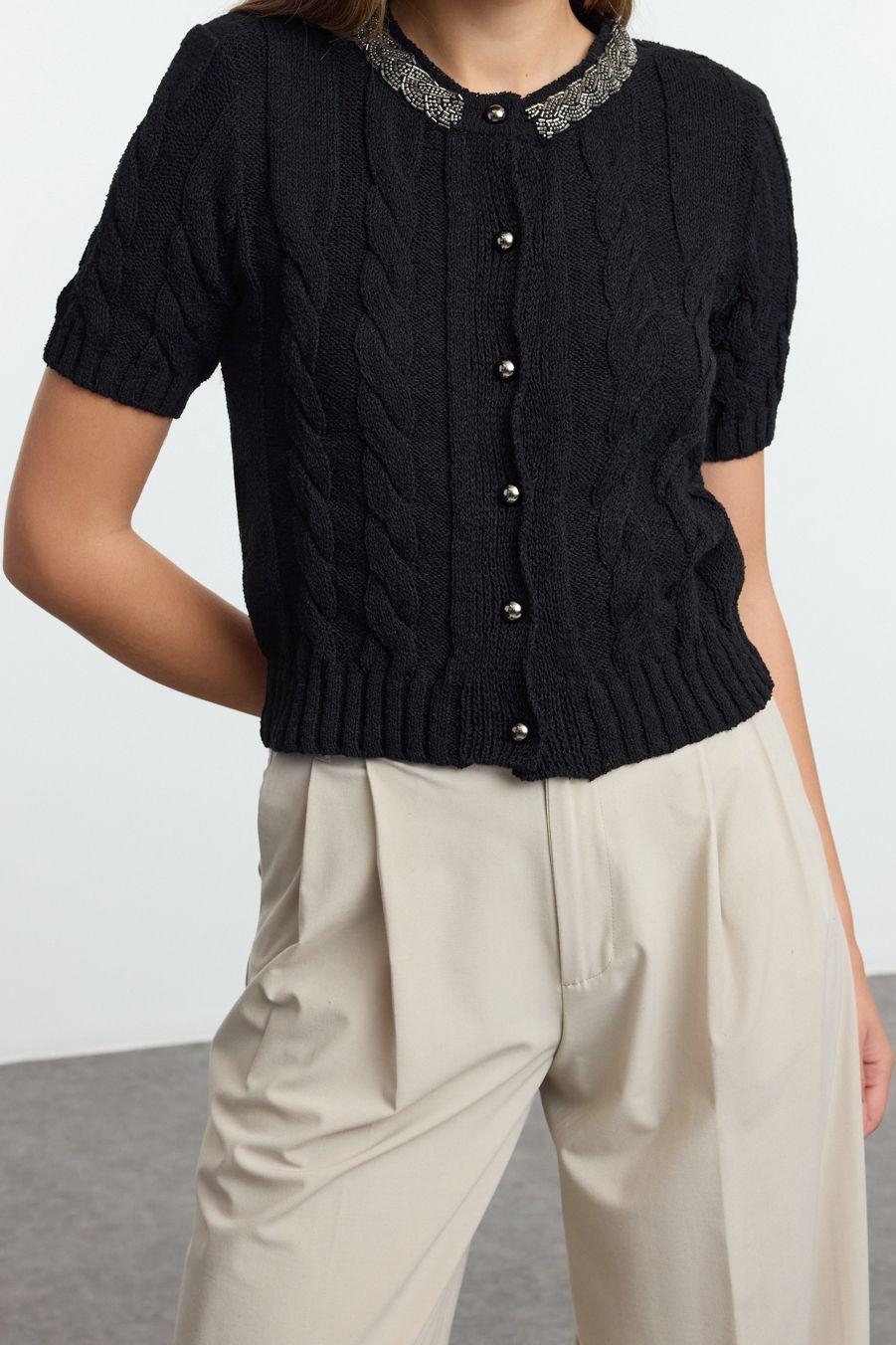 Kadın Modern Tarz Slim Bisiklet Yaka Crop Triko Hırka