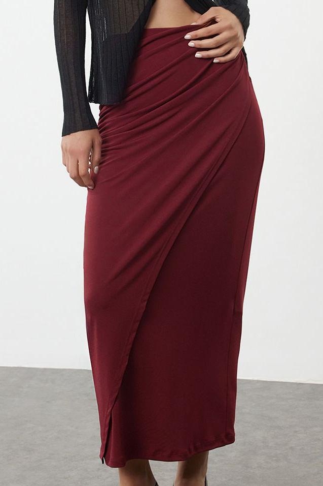 Modern Tarz Astarsız Örme Maxi Boy Büzgü Drape Detaylı Maxi Anvelop Esnek Etek