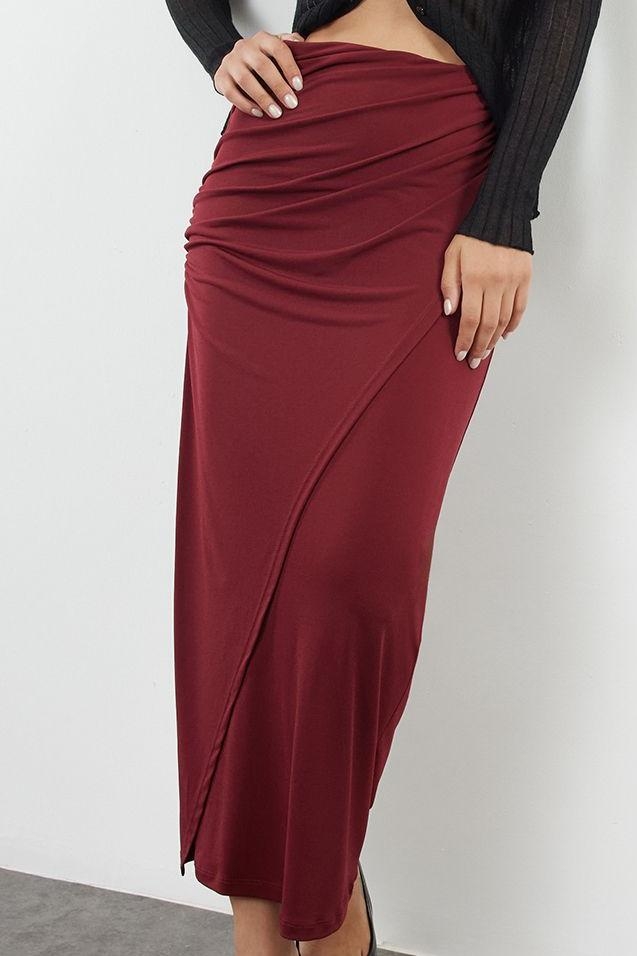 Modern Tarz Astarsız Örme Maxi Boy Büzgü Drape Detaylı Maxi Anvelop Esnek Etek