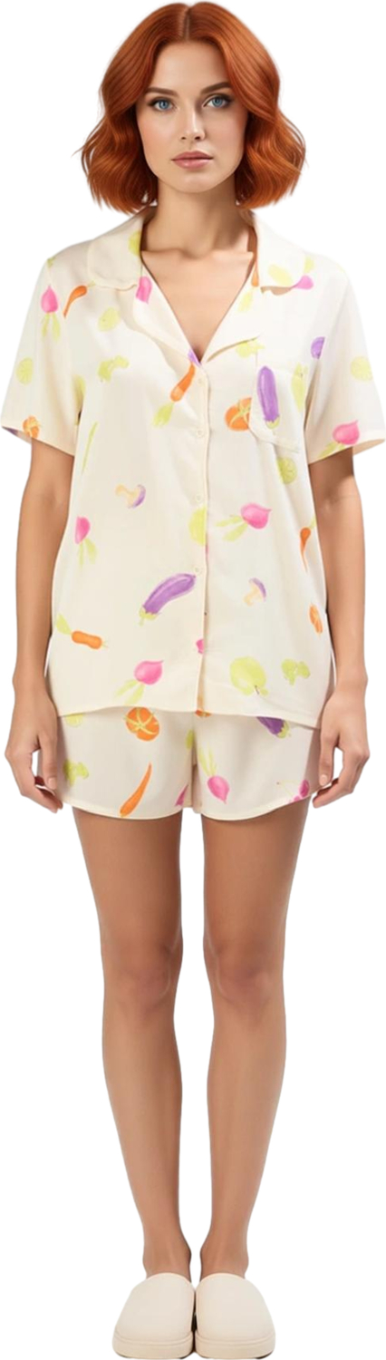 Kadın Sebze Baskılı Viskon Gömlek Şort Pijama Takımı Fonksiyonel Dayanıklı Kaliteli Modern