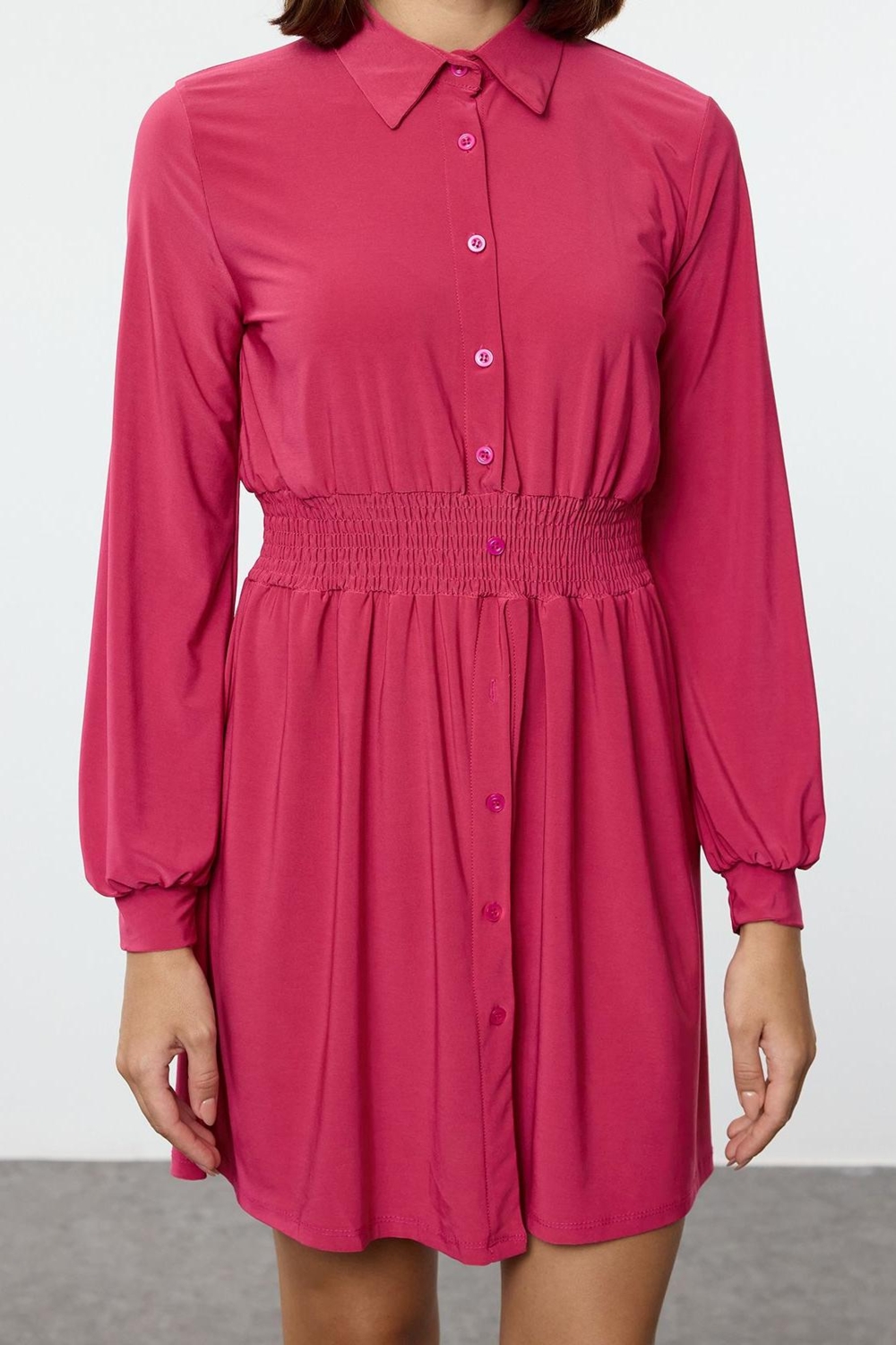 Moda Stil Slim Polo Yaka Mini Boy Beli Lastikli Örme Elbise