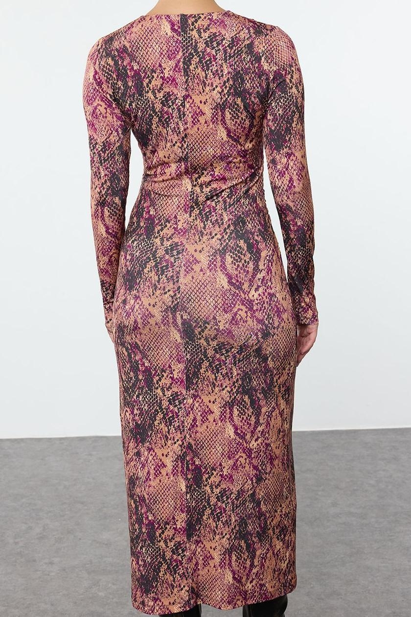 Moda Stil Slim V Yaka Midi Boy Desenli Büzgü Drape Detaylı Vücuda Oturan Örme Elbise