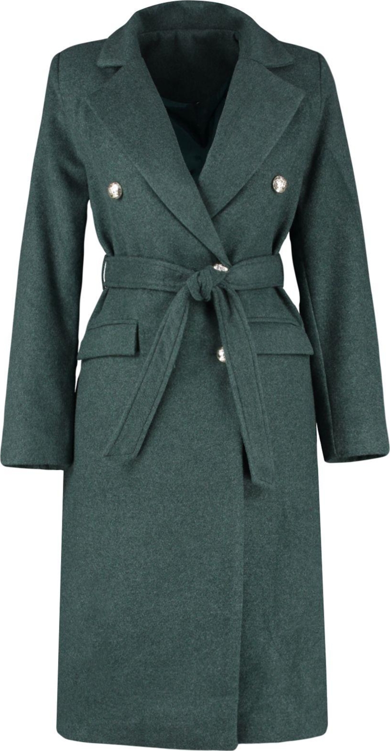 Tasarım Düz Astarlı Yaka Uzun Fitted Ceket Kadın Fitted Kuşaklı Gold Düğmeli Uzun Yünlü Kaşe Kaban