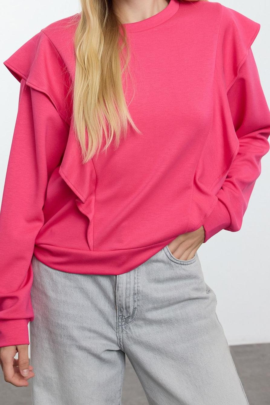 Relaxed Bisiklet Yaka Büzgülü/Fırfırlı Kol Regular Fırfır Detaylı Rahat Kalıp Örme Sweatshirt