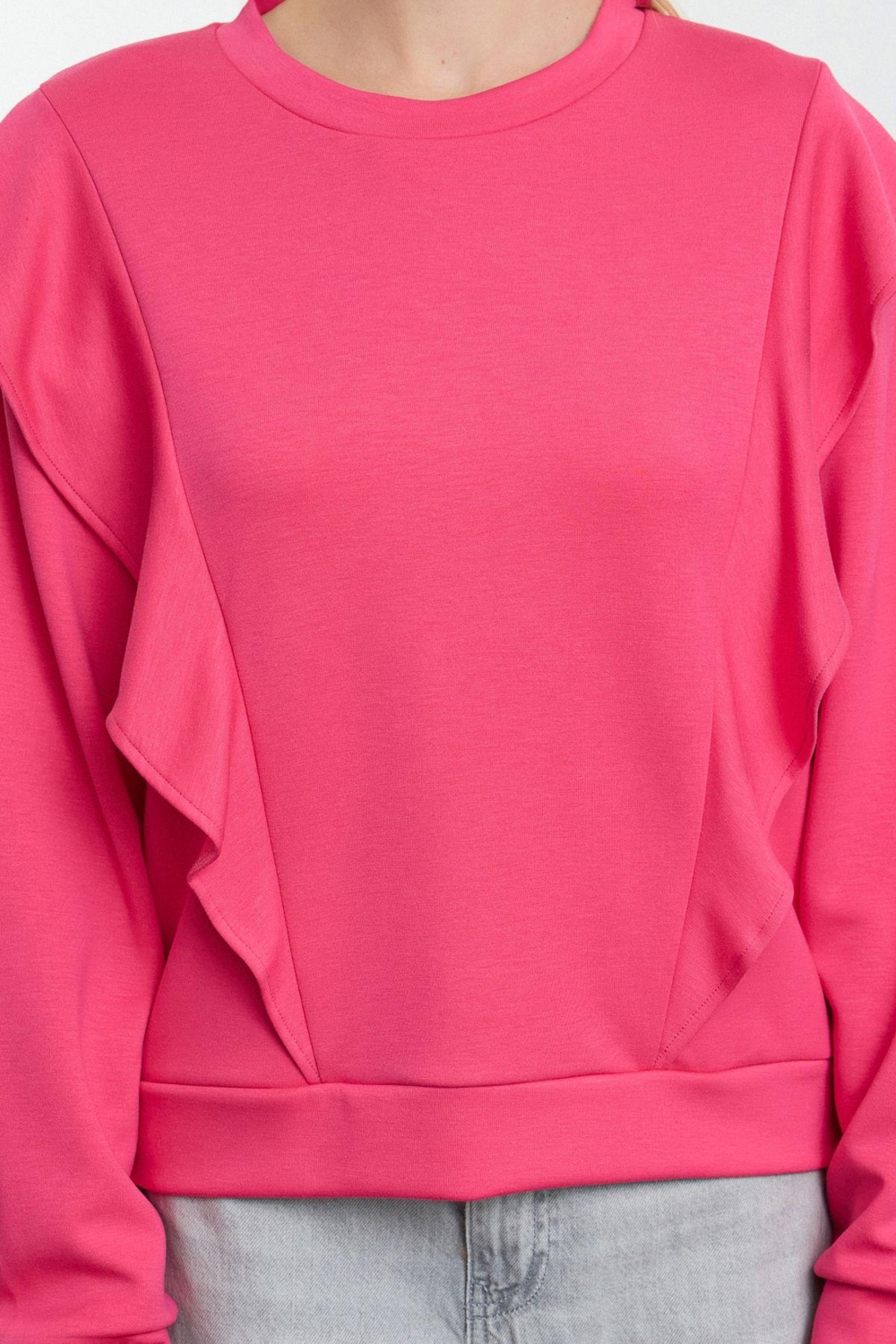 Relaxed Bisiklet Yaka Büzgülü/Fırfırlı Kol Regular Fırfır Detaylı Rahat Kalıp Örme Sweatshirt