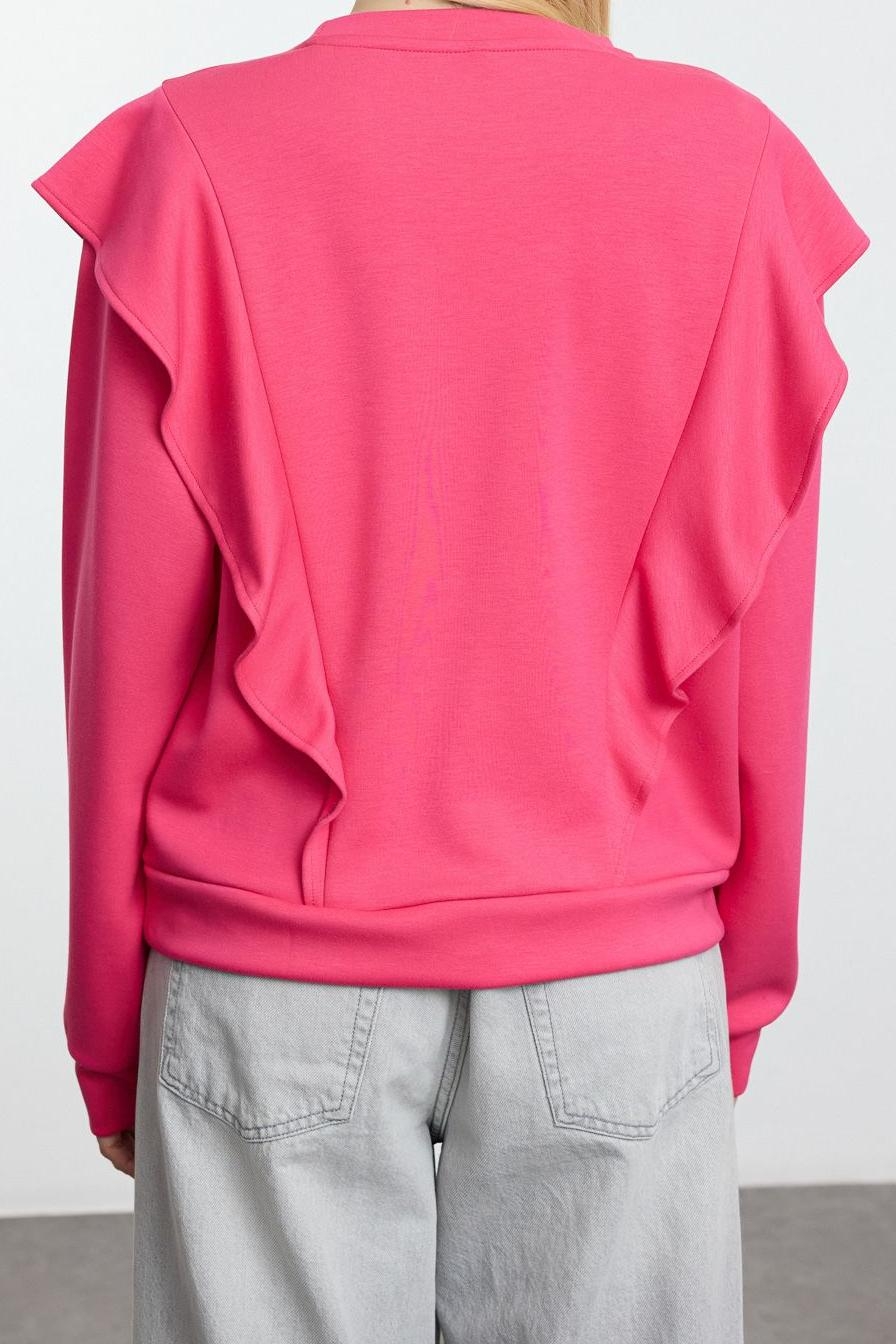 Relaxed Bisiklet Yaka Büzgülü/Fırfırlı Kol Regular Fırfır Detaylı Rahat Kalıp Örme Sweatshirt