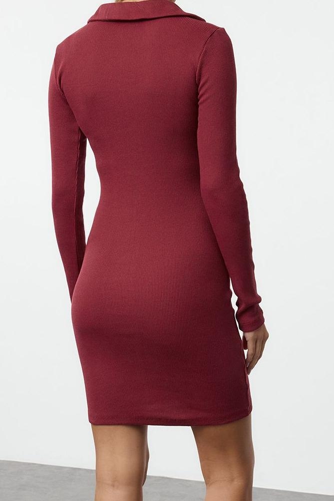 Moda Stil Slim Polo Yaka Mini Boy Vücuda Oturan Fitilli Esnek Örme Elbise