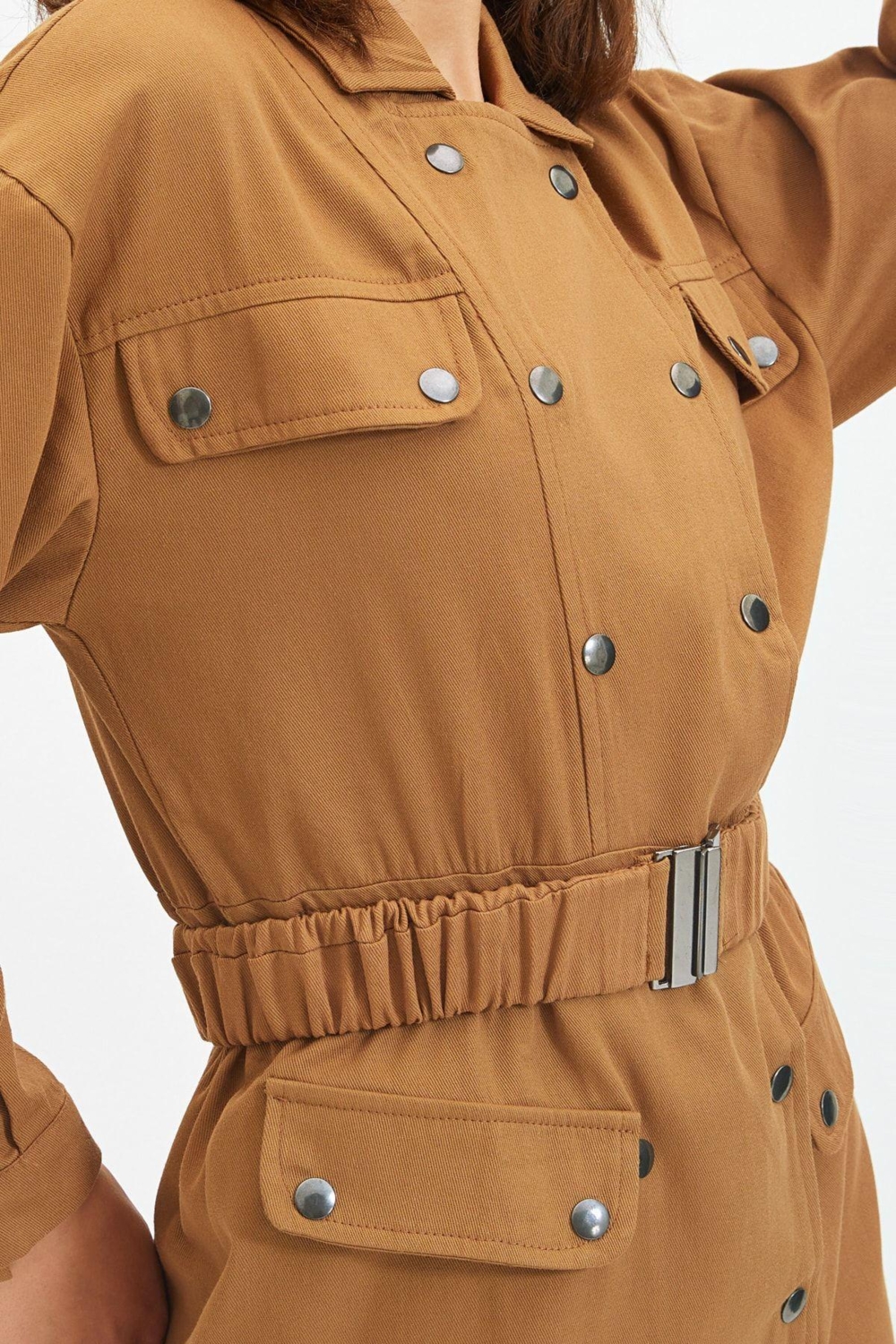 Moda Stil Regular Ceket Yaka Mini Boy Kemerli Düğmeli Dokuma Ceket Elbise