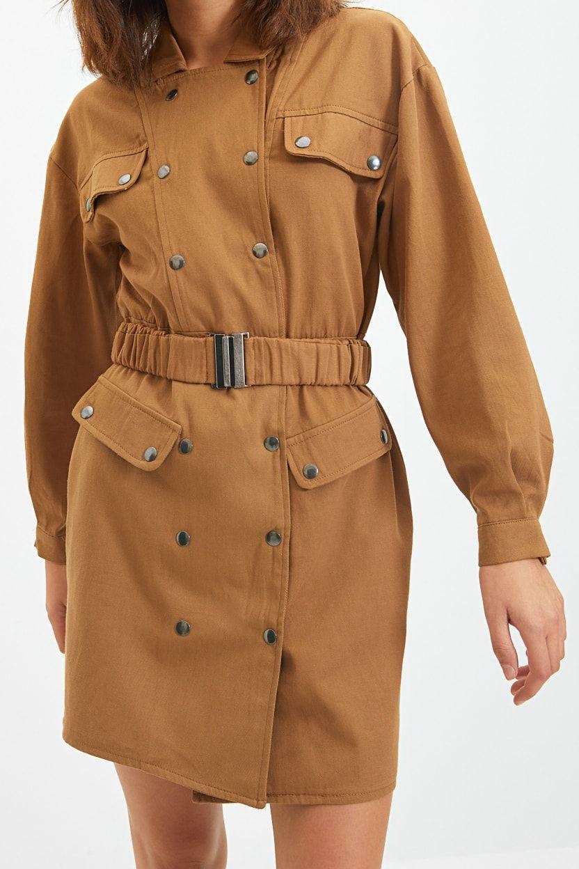 Moda Stil Regular Ceket Yaka Mini Boy Kemerli Düğmeli Dokuma Ceket Elbise