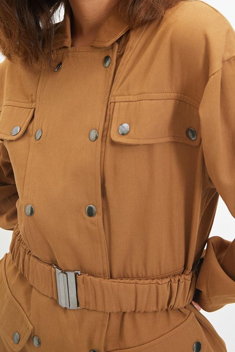 Moda Stil Regular Ceket Yaka Mini Boy Kemerli Düğmeli Dokuma Ceket Elbise