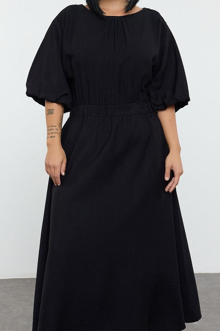 Moda Stil Relaxed Bisiklet Yaka Midi Boy Büyük Beden Dokulu Balon Kol Dokuma Büyük Beden Elbise