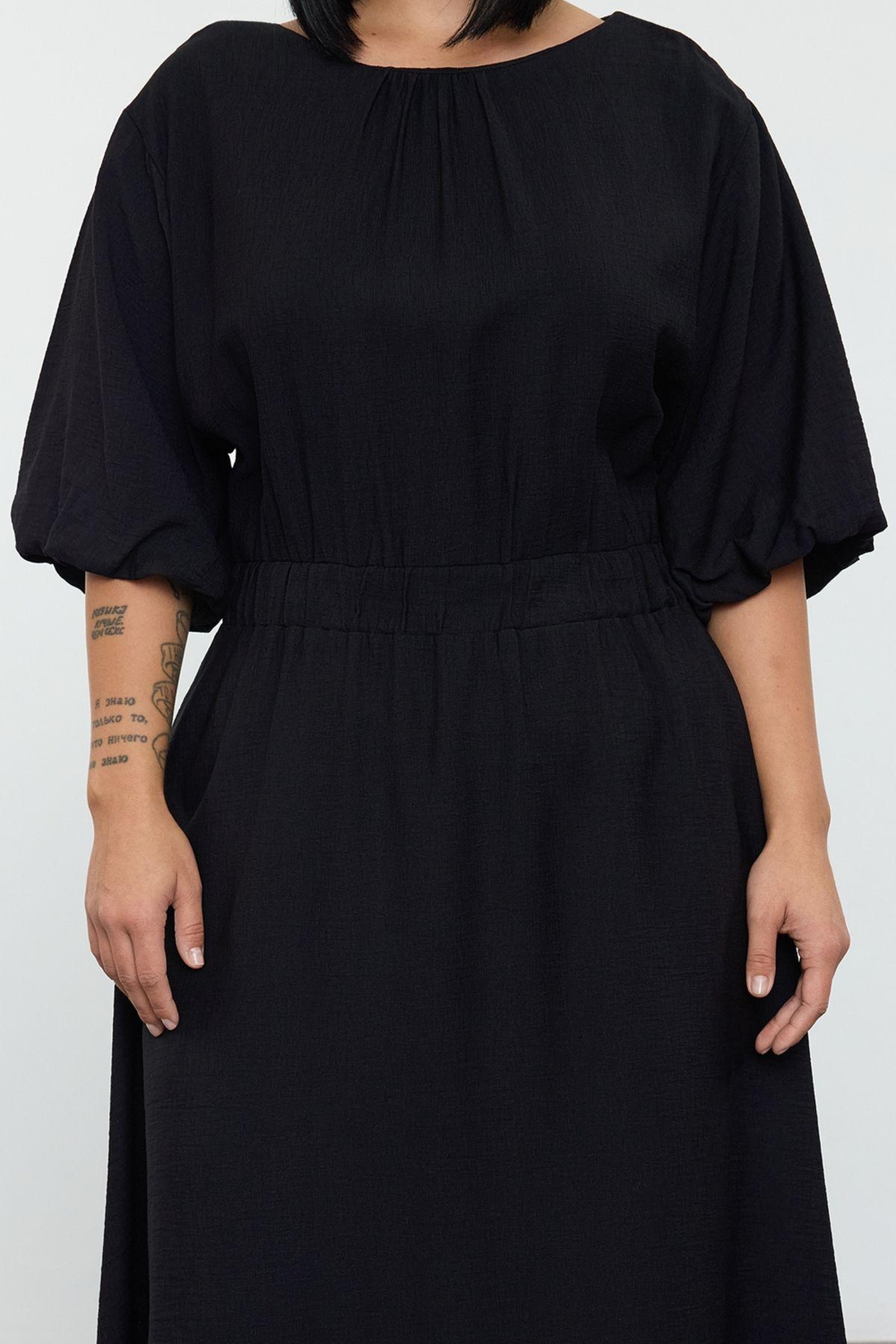 Moda Stil Relaxed Bisiklet Yaka Midi Boy Büyük Beden Dokulu Balon Kol Dokuma Büyük Beden Elbise