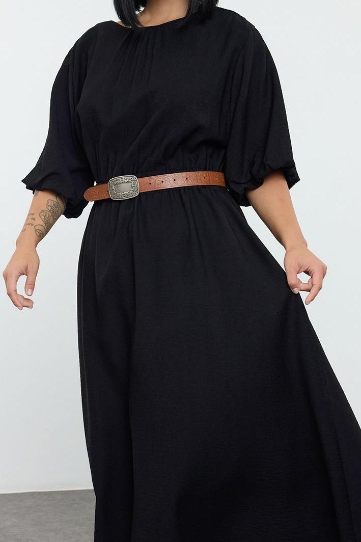 Moda Stil Relaxed Bisiklet Yaka Midi Boy Büyük Beden Dokulu Balon Kol Dokuma Büyük Beden Elbise