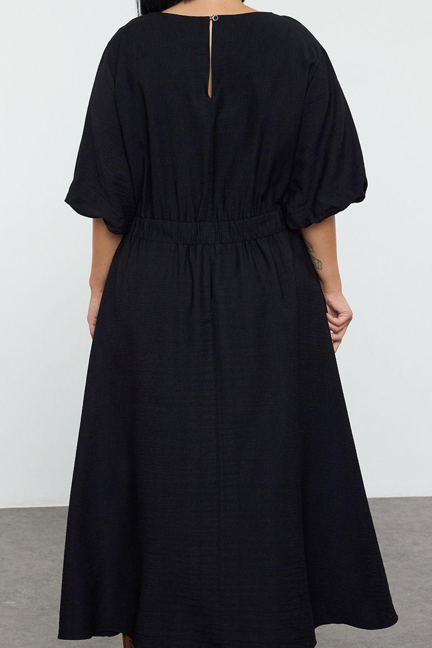 Moda Stil Relaxed Bisiklet Yaka Midi Boy Büyük Beden Dokulu Balon Kol Dokuma Büyük Beden Elbise