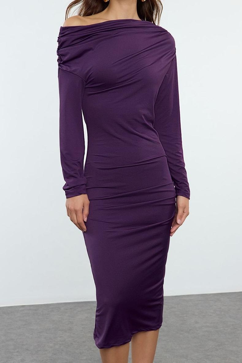 Moda Stil Slim Asimetrik Yaka Midi Boy Fitted Vücuda Oturan Örme Elbise