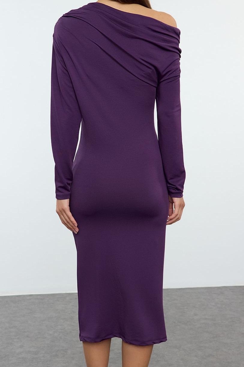 Moda Stil Slim Asimetrik Yaka Midi Boy Fitted Vücuda Oturan Örme Elbise
