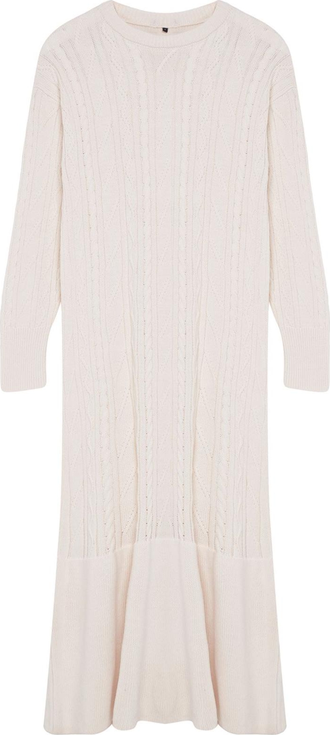 Moda Stil Relaxed Bisiklet Yaka Maxi Boy Tesettür Saç Örgü Desenli Eteği Volanlı Triko Elbise